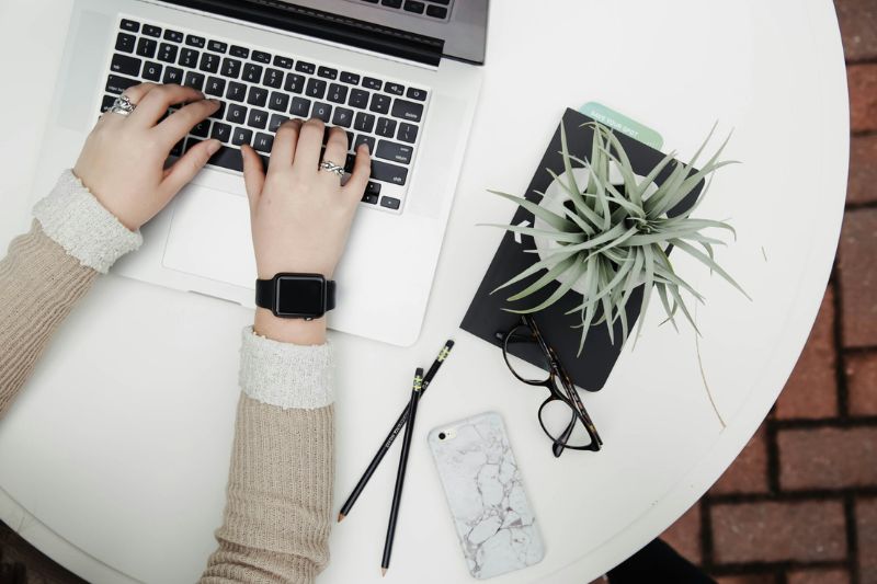 Professional working from home focused on work at a laptop with a plant nearby